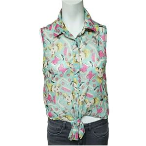 Iron Fist size small teal pin up print sleeveless front tie shirt